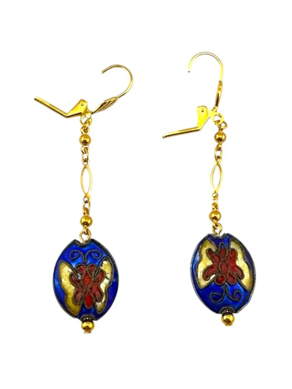 Blue Cloisonné Floral Butterfly Dangle Earrings Gold Leverback 2.75